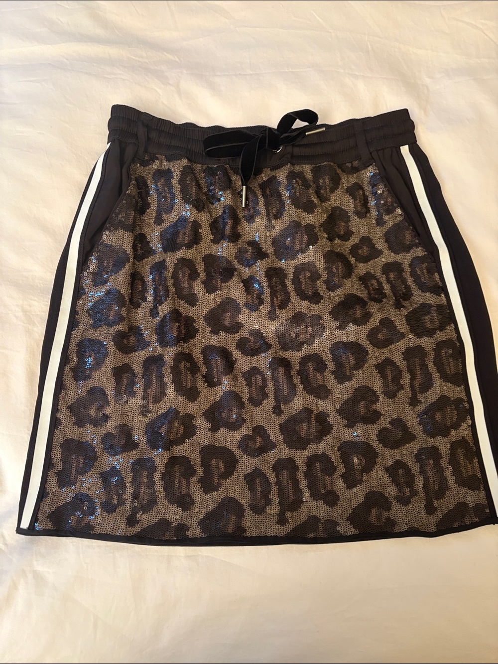 Marc Cain Black and Brown Sequin Leopard Mini Skirt with Sporty Side Stripes